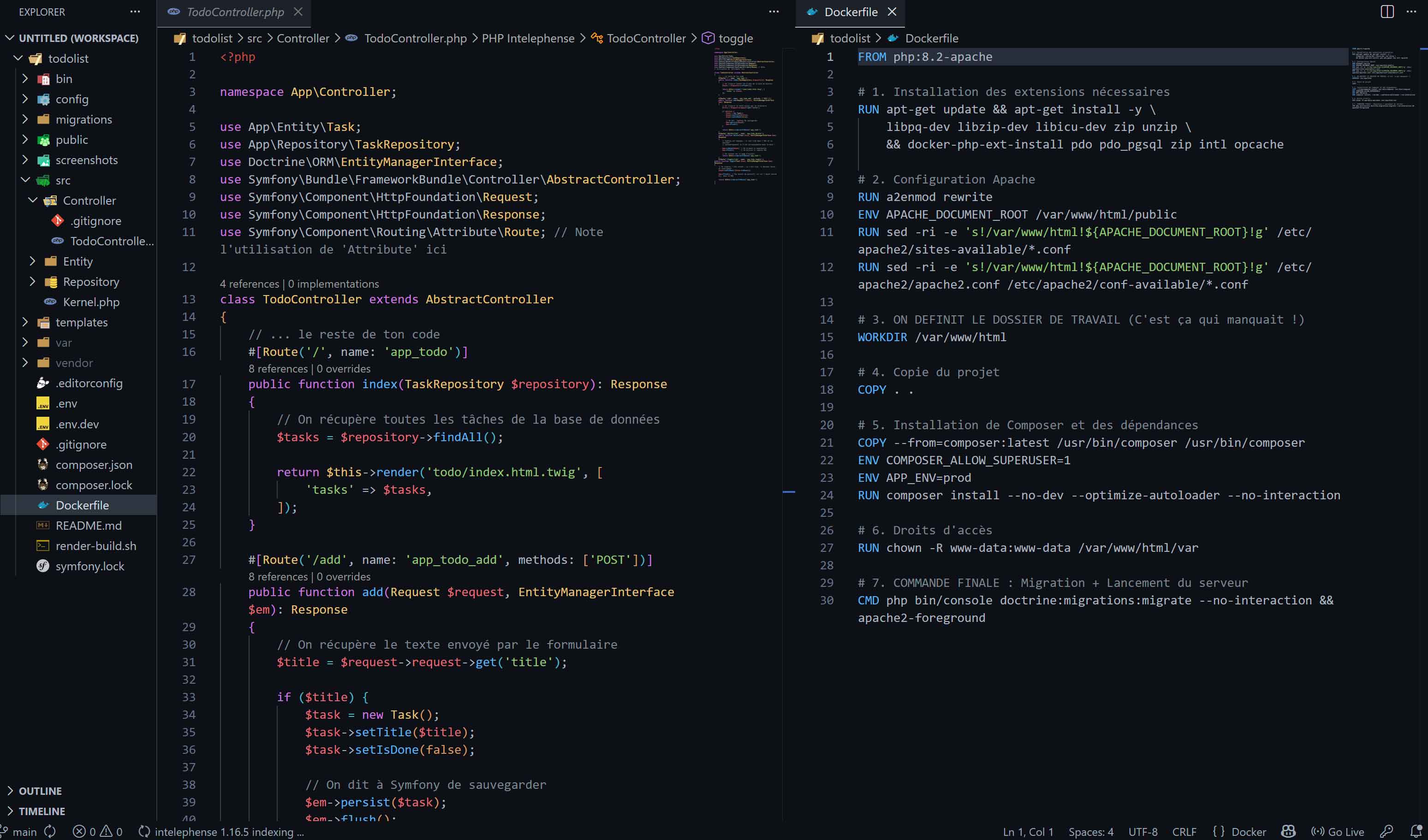 Aperçu du code Symfony et Dockerfile